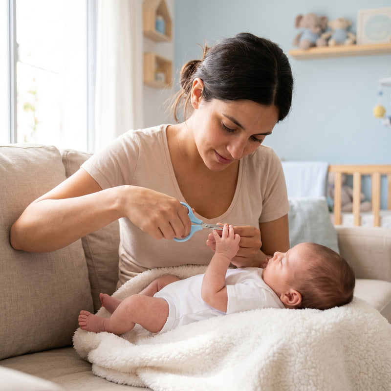 Mamá cortando uñas del bebé